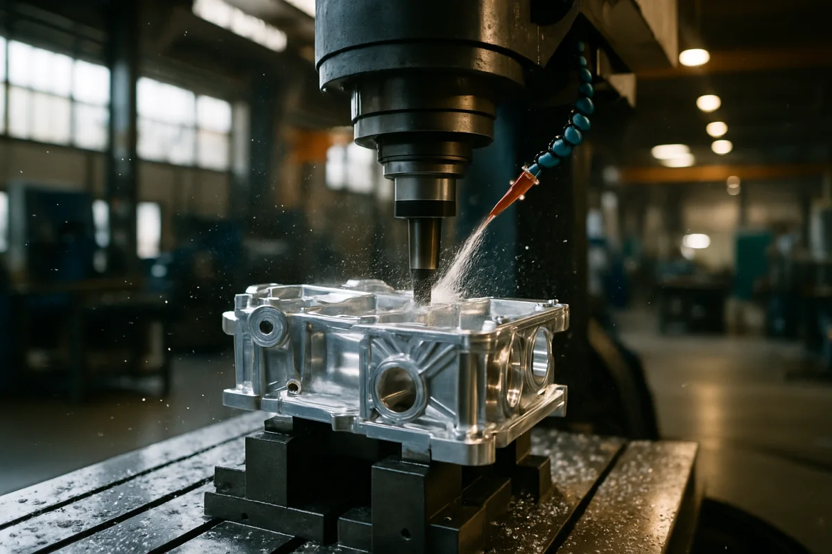 CNC mill cutting an aluminum housing under flood coolant
