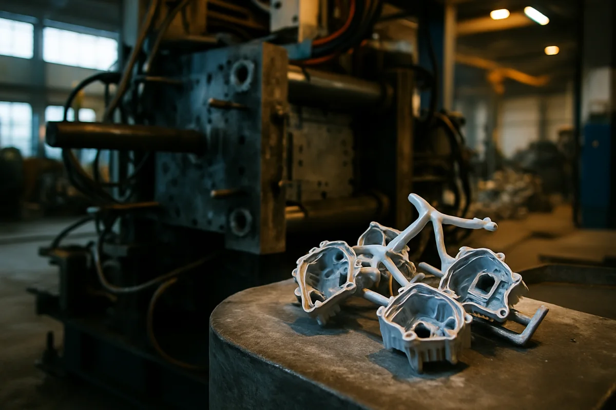 Aluminum die castings on their runner beside a casting machine