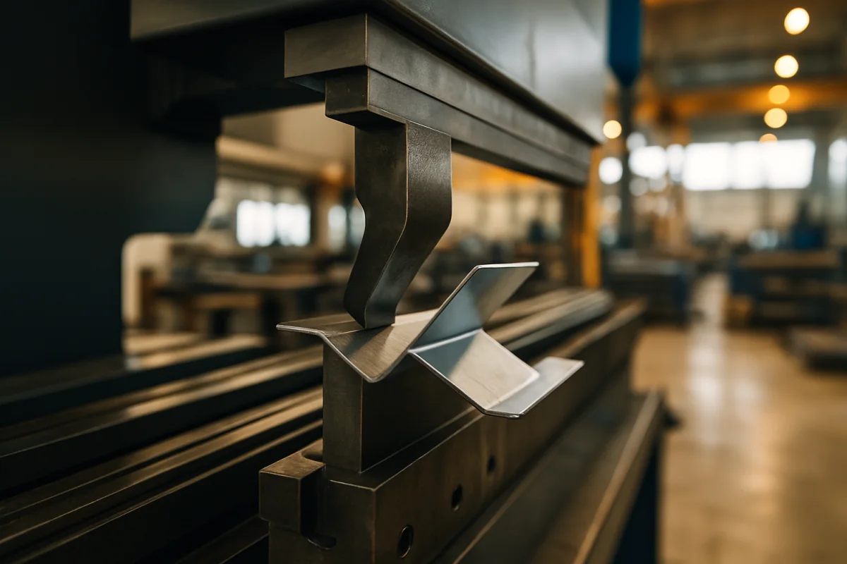 Press brake tooling bending a sheet metal part into a channel