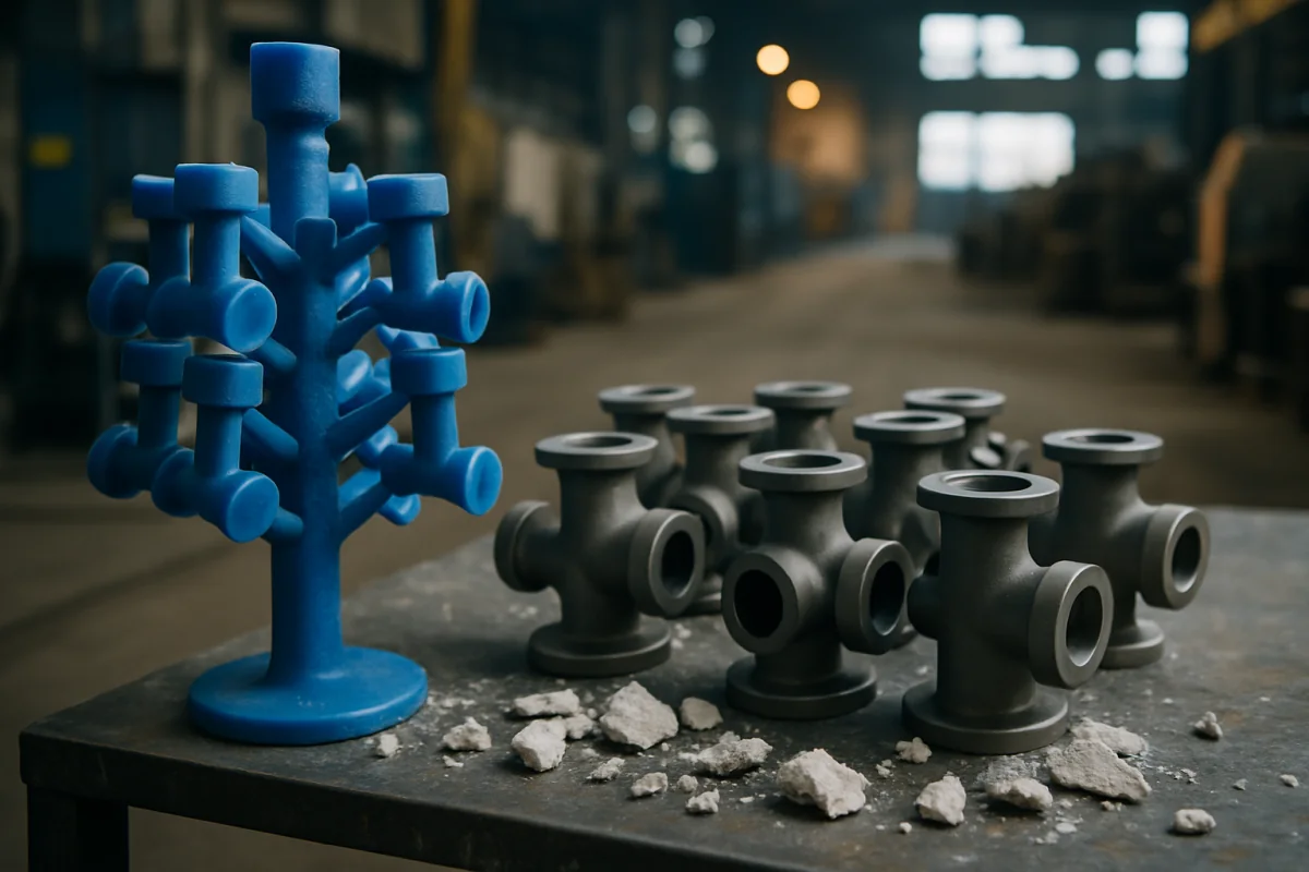 Wax pattern tree next to finished investment cast valve bodies