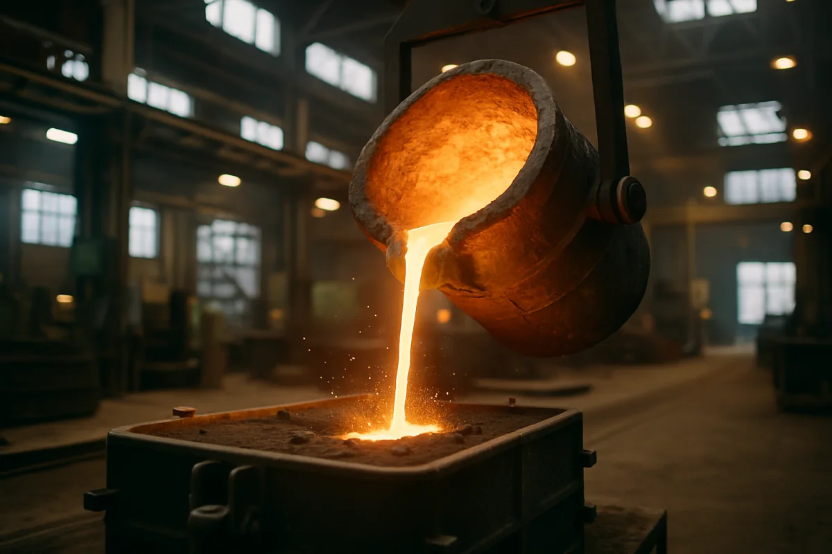 Molten metal poured from a ladle into a sand mold