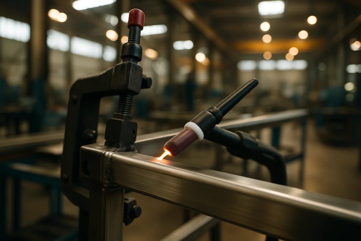 TIG torch and clamp set up on a welded steel frame joint